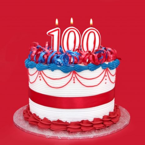 100th cake with numeral candles, on vibrant red background Cosmos Party Supplies